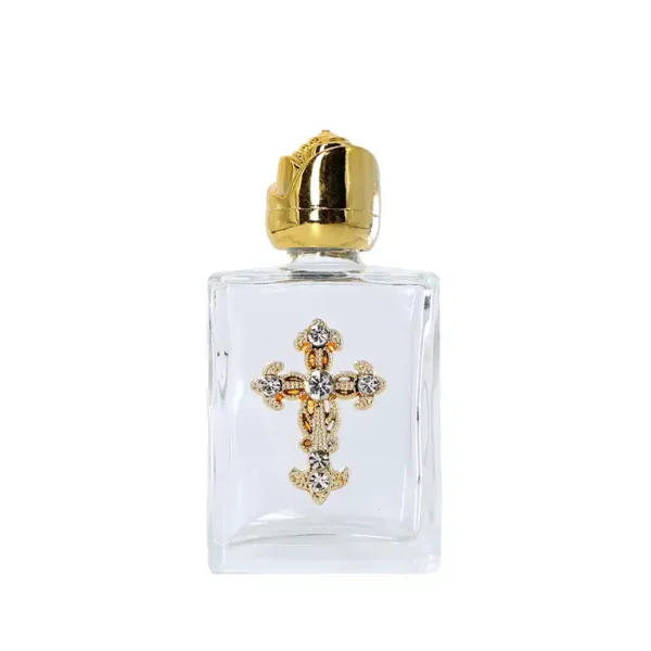 Gold Cross with Rhinestones 15 ml Square Holy Water Bottle with Gold Mouth