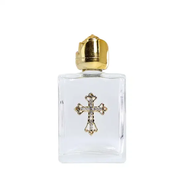 Diamond-Studded Gold Cross 15ml Square Glass Holy Water Bottle with Golden Spout