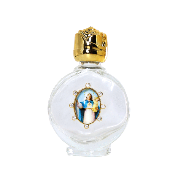 Our Lady of the Holy Spirit with Diamonds 15ml Oval Glass Holy Water Bottle with Gold Mouth