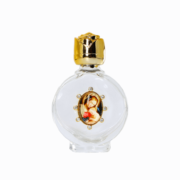 Oval Diamond-Studded Madonna and Child 15ml Glass Oval Holy Water Bottle with Gold Mouth