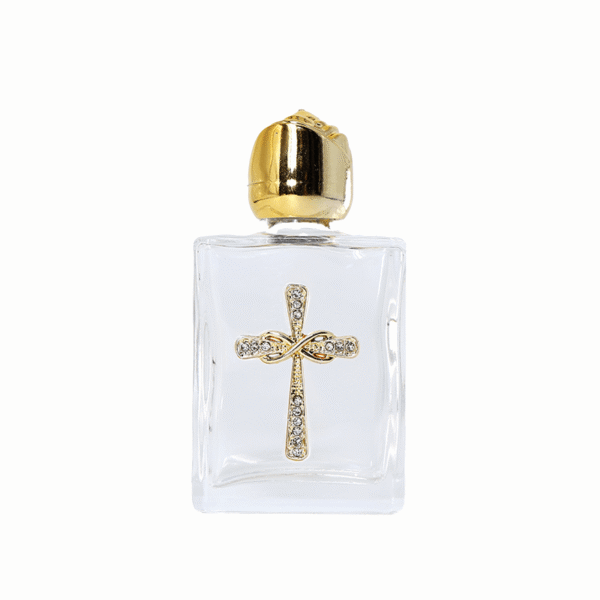 Twisted Crucifix with Diamond Wrap 15 ml Glass with Gold Top Square Holy Water Bottle