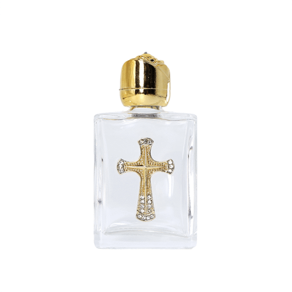 Carved Gold Cross with Diamonds 15 ml Glass with Golden Mouth Square Holy Water Bottle